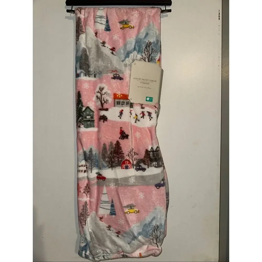 Christmas Farmhouse Luxury Velvet Throw Blanket Barbie Pink Christmas tree 50 x